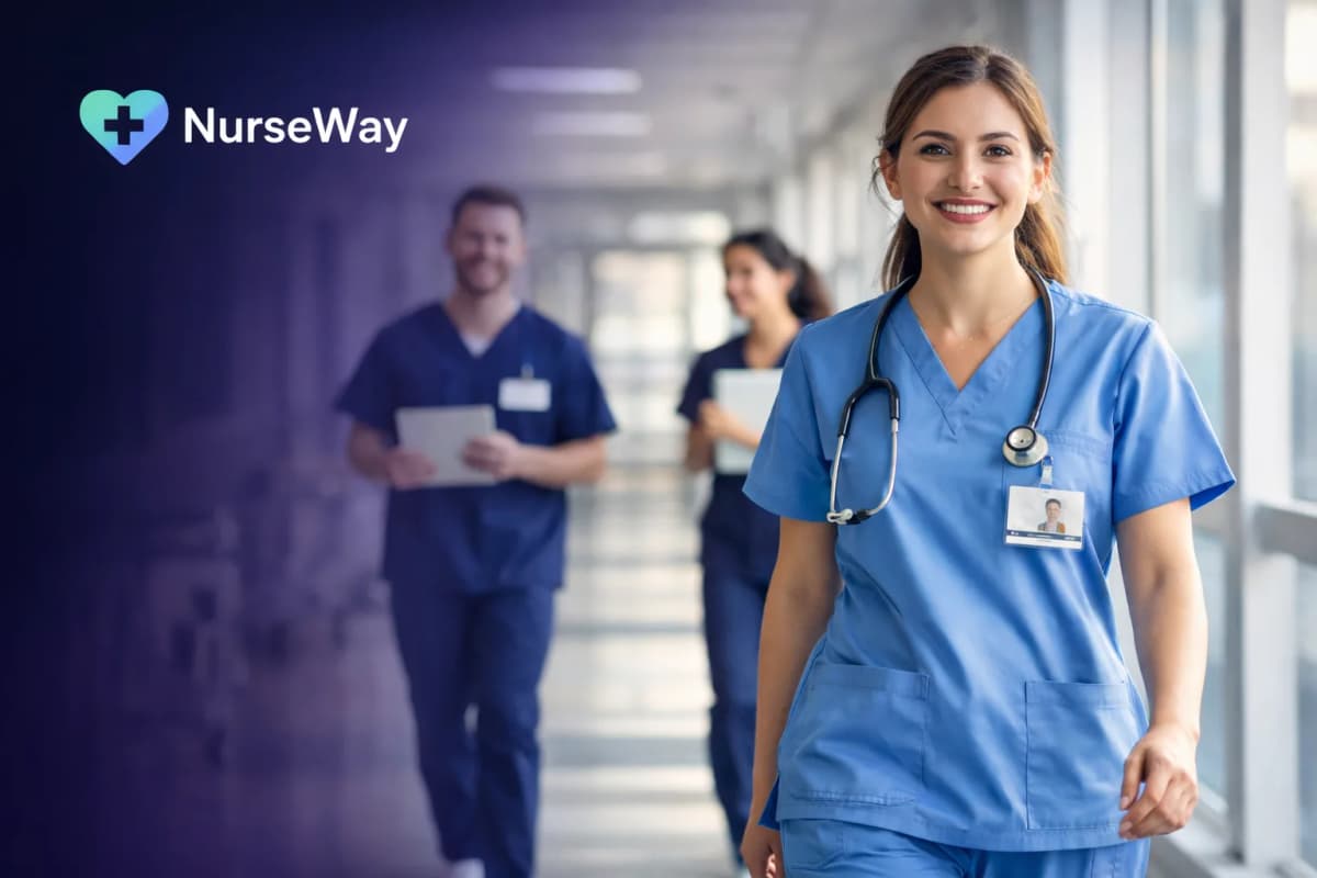 Nursing students walking in hospital hallway