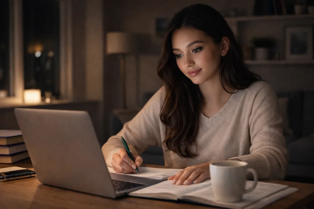 Nursing student studying late at night with laptop